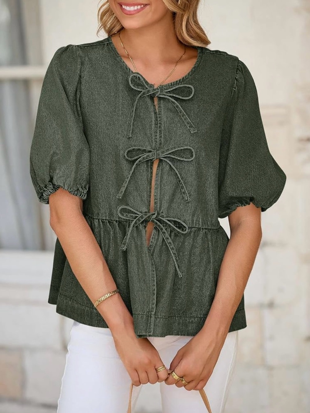 Women’s Army Green Denim Tie-Front Peplum Top
